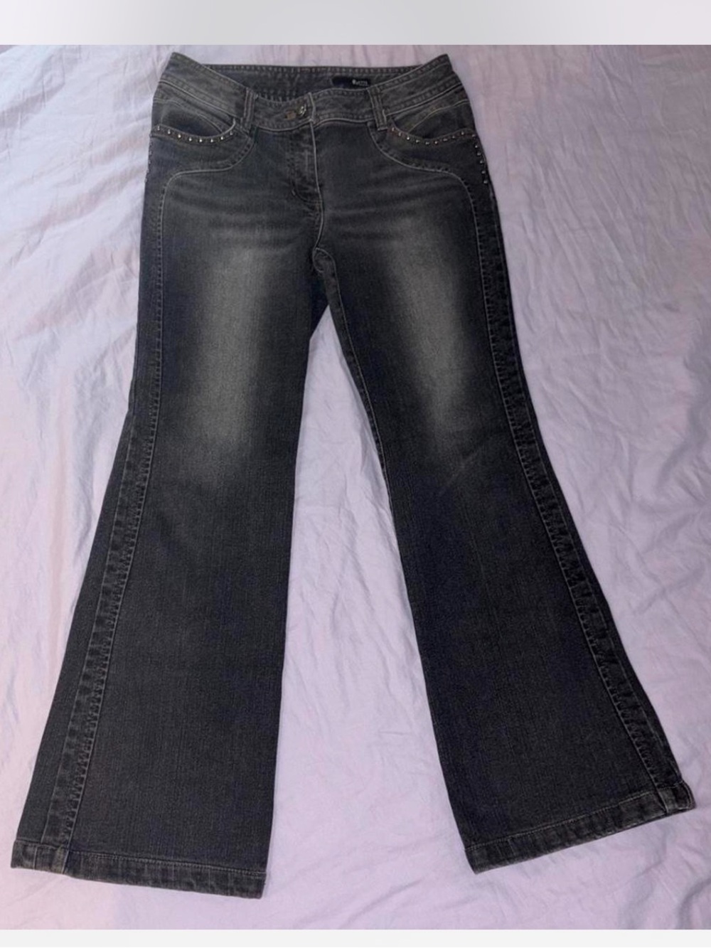 Vintage Y2K Yetts Brand Mud Wash Studded Flare Low Rise Jeans Grey Denim
